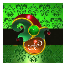 GREEN DAMASK ,ELF HAT ST.PATRICK'S  PARTY MONOGRAM CUSTOM ANNOUNCEMENT