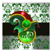 GREEN DAMASK ,ELF HAT ST.PATRICK'S  PARTY MONOGRAM CUSTOM ANNOUNCEMENTS