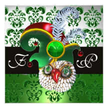 GREEN DAMASK ,JEWEL OWL ,ELF HAT,DIAMOND  FEATHERS INVITATION