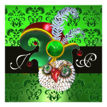 GREEN DAMASK ,JEWEL OWL ,ELF HAT,DIAMOND  FEATHERS CUSTOM INVITE
