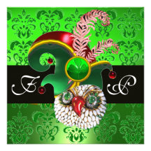 GREEN DAMASK ,JEWEL OWL ,ELF HAT,DIAMOND  FEATHERS INVITE