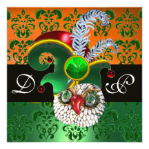 GREEN DAMASK ,JEWEL OWL ,ELF HAT,DIAMOND  FEATHERS PERSONALIZED INVITES