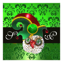 GREEN DAMASK ,JEWEL OWL WITH ELF HAT MONOGRAM ANNOUNCEMENTS