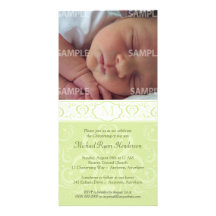 Green Damask Monogram Baptism/Christening Photo Card