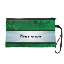 Green Damask with Ribbon Wristlet