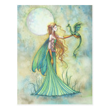 Green Fairy and Dragon Fantasy Art Post Cards