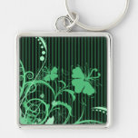 Green Flowers on Green and Black Stripes Keychain