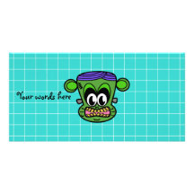 Green Frankenstein monkey on blue tile Custom Photo Card