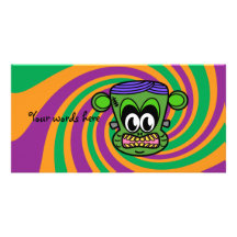 Green Frankenstein monkey on Halloween swirl Photo Card
