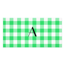Green gingham pattern monogram photo card template