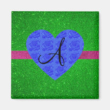 Green glitter monogram blue roses fridge magnet
