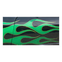 green hotrod flames on black custom photo card