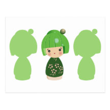 Green Kokeshi Triplet x3 Postcard