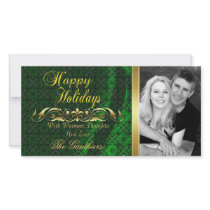 Green Lace Silk & Gold Scroll Holiday Photo Card