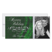 Green Lace Silk & Silver Scroll Holiday Photo Card