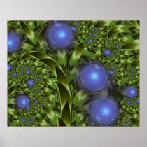 Green Leaves and Blue Flowers Print