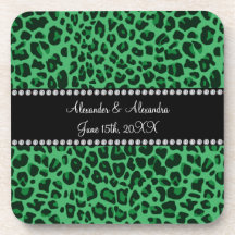 Green leopard pattern wedding favors drink coasters