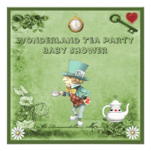 Green Mad Hatter Wonderland Tea Party Baby Shower Personalized Announcement