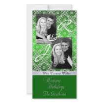 Green Monogram Lace Holiday Ribbon Photo Card