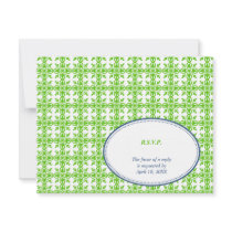 Green navy oval lace preppy wedding response RSVP Invites