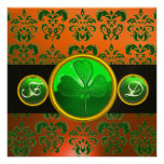 GREEN ORANGE DAMASK ,SHAMROCK MONOGRAM  black Invite