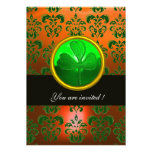GREEN  ORANGE DAMASK WITH SHAMROCK ,black Custom Invitations