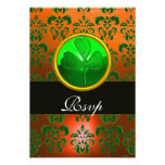 GREEN  ORANGE DAMASK WITH SHAMROCK ,RSVP black Personalized Invites