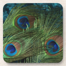 Green Peacock Feather Beverage Coasters