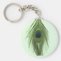 Green Peacock Feather on Green Keychain