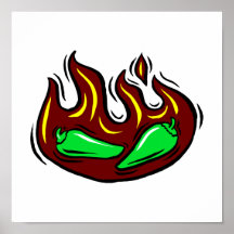 green peppers in flame graphic posters