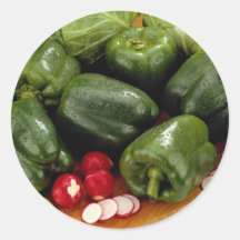 Green peppers, zucchini, cabbage on a cutting boar round sticker