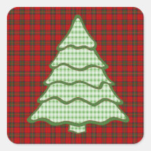 Green Plaid Christmas Tree Square Stickers