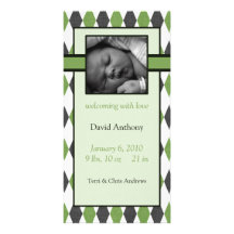 Green Plaid Photo Card Birth Announcement