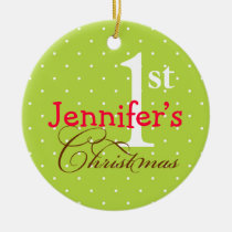 Green polka dots pink name cute baby first holiday ornaments