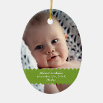Green ribbon custom photo baby birth statistic ornaments