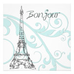 Green Scrolls and Eiffel Tower Custom Invitations