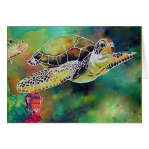 Green Sea Turtle Silk Painting Card