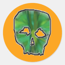 Green Skull, Orange Background. Round Sticker