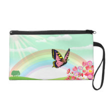 green spring flowers and butterfly wristlet clutch
