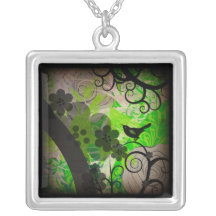 Green Square Necklace with bird and branch