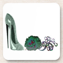 Green Stiletto Shoe and Rose Art Beverage Coaster