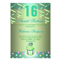 Green Streamers & Cake Sweet 16 Birthday Invite