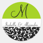 Green Swirl Damask Monogram Wedding Stickers