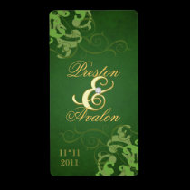 Green Swirl Gold Jewelled Wedding Wine Label labels