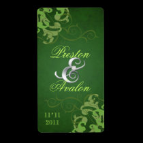 Green Swirl Silver Jewelled Wedding Wine Label labels