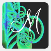 Green Swirls on Black Square Stickers