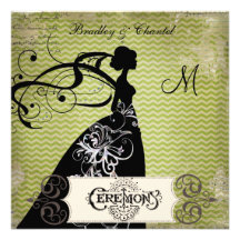 Green/Tan Chevron Stripe Silhouette Bride Invite