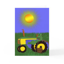 Green Tractor with Fishing Pole by Pond Card
