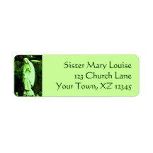 Green Virgin Mary Statue Labels