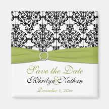 Green, White, and Black Damask Wedding Magnet